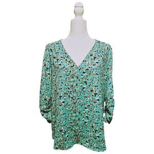 Joie green with brown, black, white spots ruched 3/4 sleeves blouse top size XL
